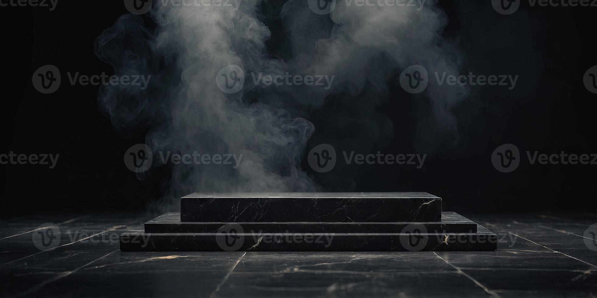 Empty black marble table podium with black stone floor in dark room with smoke. photo