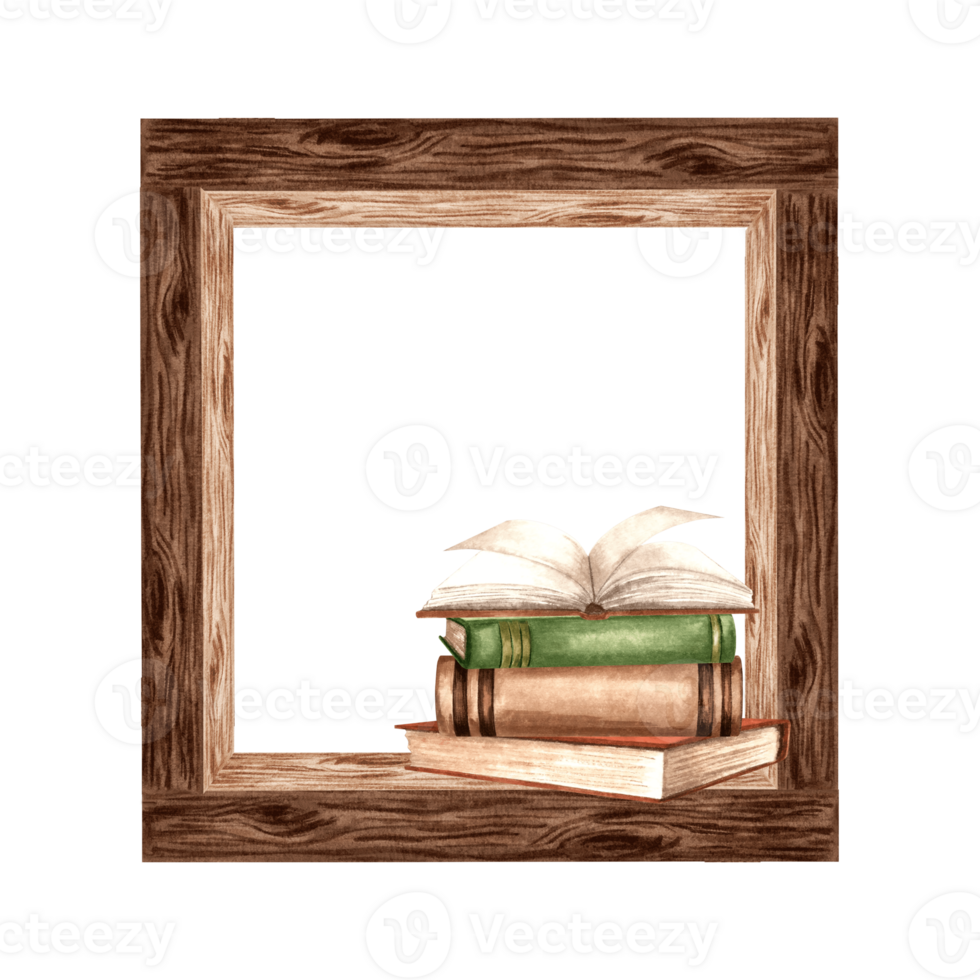 Books with Square frame of wooden texture. Bookshelf, cozy home interior item. Hand drawn watercolor illustration isolated. Knowledge for all. Template with copy space for card, website, bookstore. png