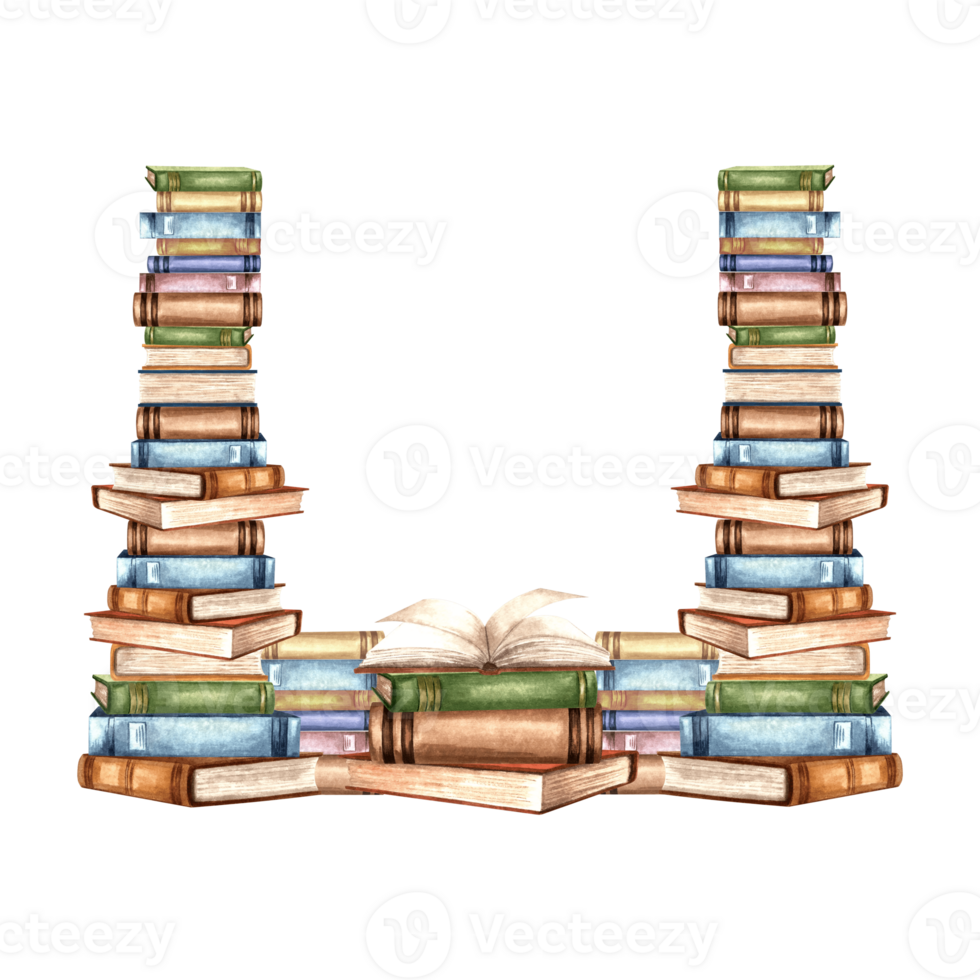 Book stacks, frame square. Composition with copy space from textbooks on bookshelf. Hand drawn watercolor illustration isolated. Knowledge for all. Template for card, website, bookstore or library. png