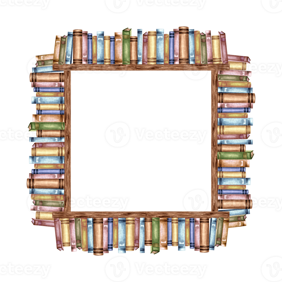 Book stacks, frame square. Composition with copy space from textbooks on bookshelf. Hand drawn watercolor illustration isolated. Knowledge for all. Template for card, website, bookstore or library. png