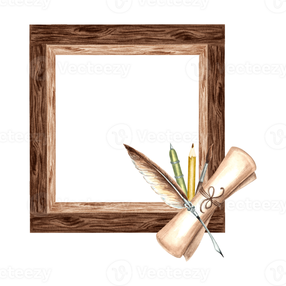 Writing supplies on wooden square frame. Scroll of paper, Feather pen and pencils. Hand drawn watercolor illustration isolated. Knowledge for all. Template with copy space for card, website, workshop. png