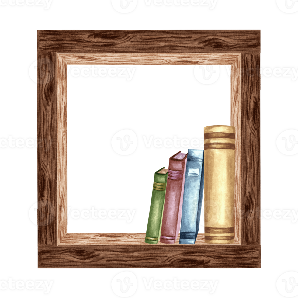 Books with Square frame of wooden texture. Bookshelf, cozy home interior item. Hand drawn watercolor illustration isolated. Knowledge for all. Template with copy space for card, website, bookstore. png
