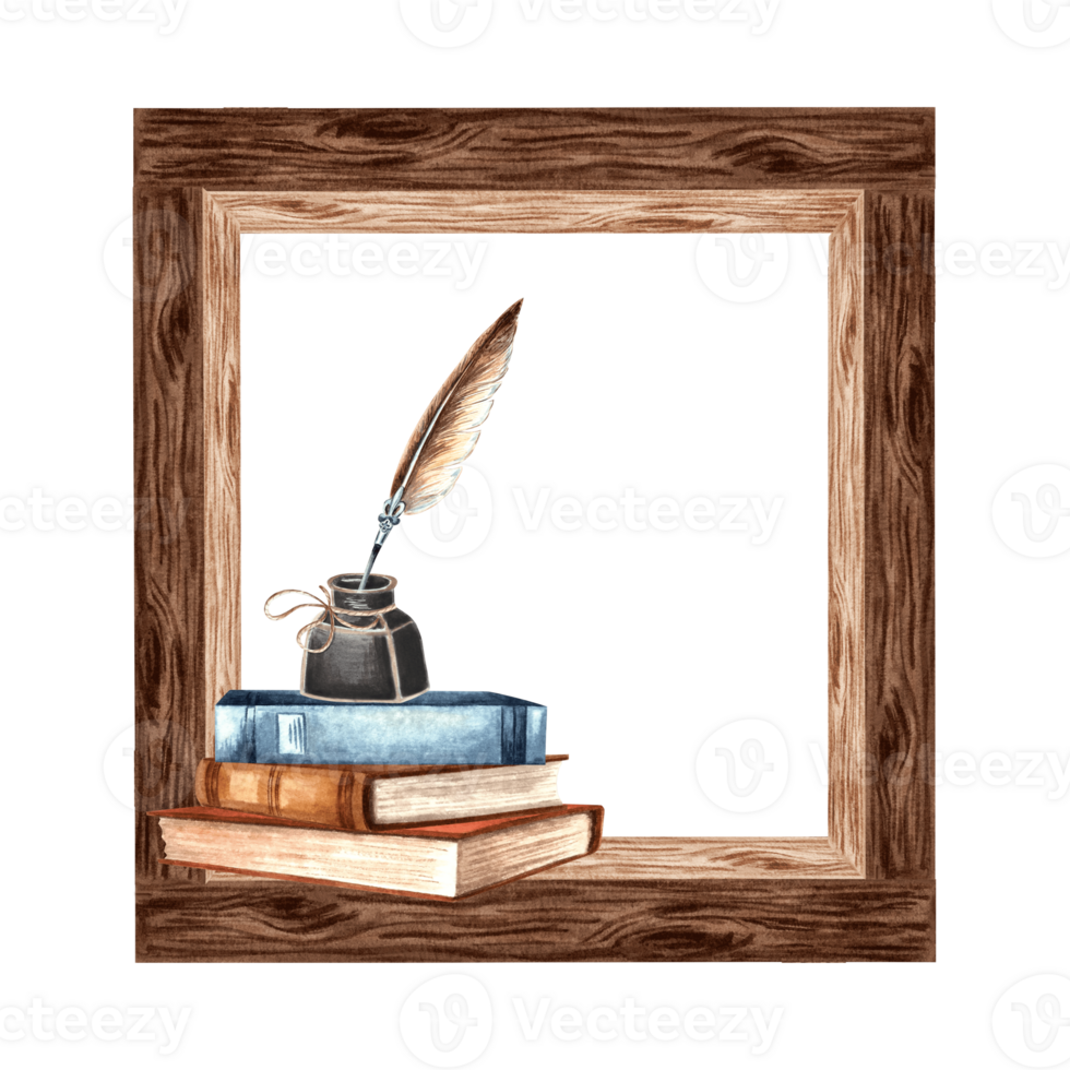 Books and inkwell with feather on wooden square frame. Bookshelf home interior. Hand drawn watercolor illustration isolated. Knowledge for all. Template with copy space for card, website, bookstore. png