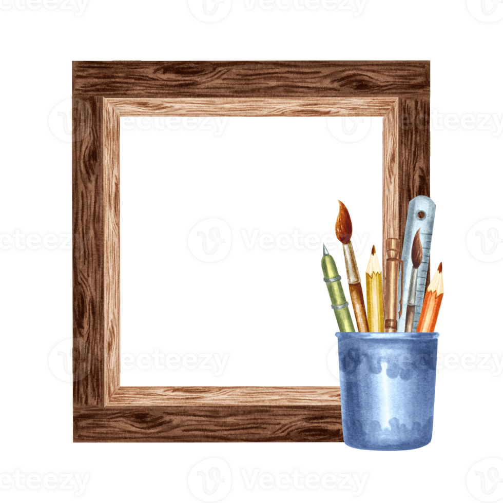 Writing supplies on wooden square frame. Brushes and pencils in blue plastic cup. Hand drawn watercolor illustration isolated. Knowledge for all. Template with copy space for card, website, workshop. png