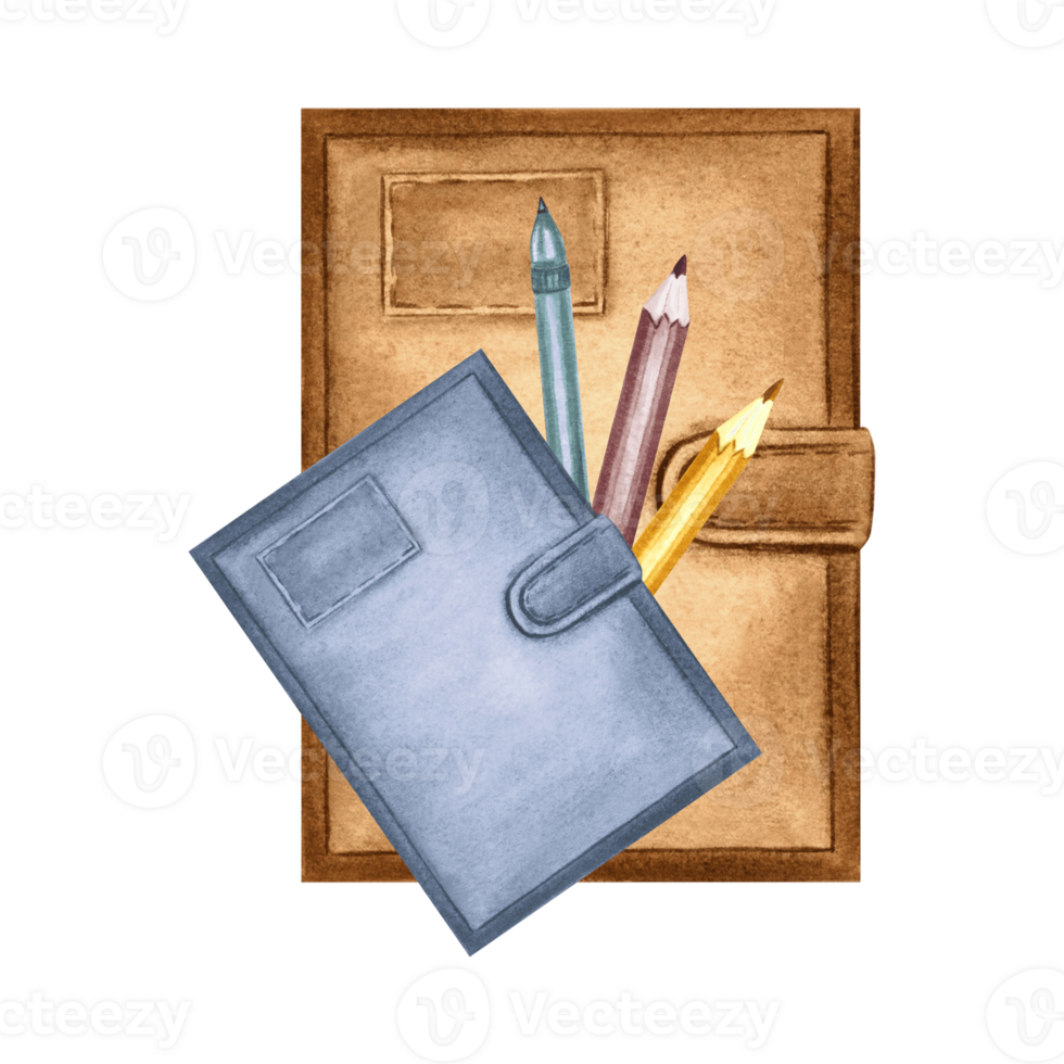 Notebooks and pencil, diarys for writing. Hand drawn watercolor illustration isolated. Stationery for create. Education, knowledge concept. Pasport or document. Clip art for sticker, website, printing png