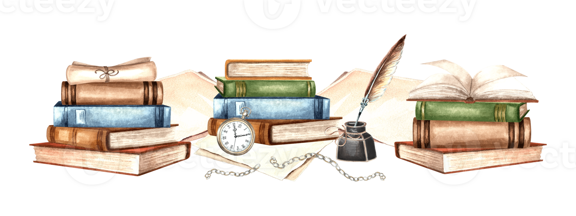 Books with pocket watch and writing supplies. Inkwell, feather pen and paper sheets. Hand drawn watercolor illustration isolated. Knowledge for all. Education concept. Clipart for card, website, print png