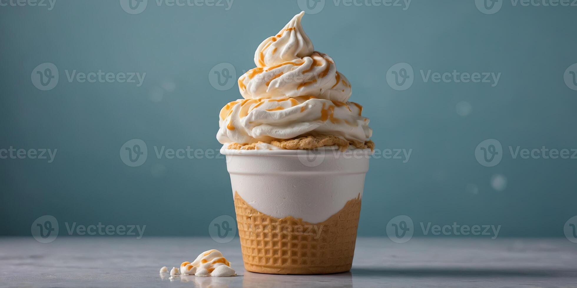 Creamy soft serve ice cream presented in a simple white cup on a bi-color background. photo