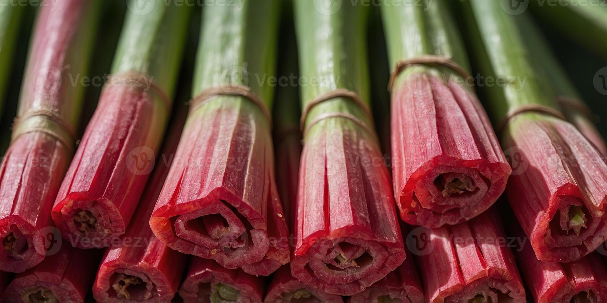 Close-up of vibrant rhubarb sticks in high resolution macro. photo