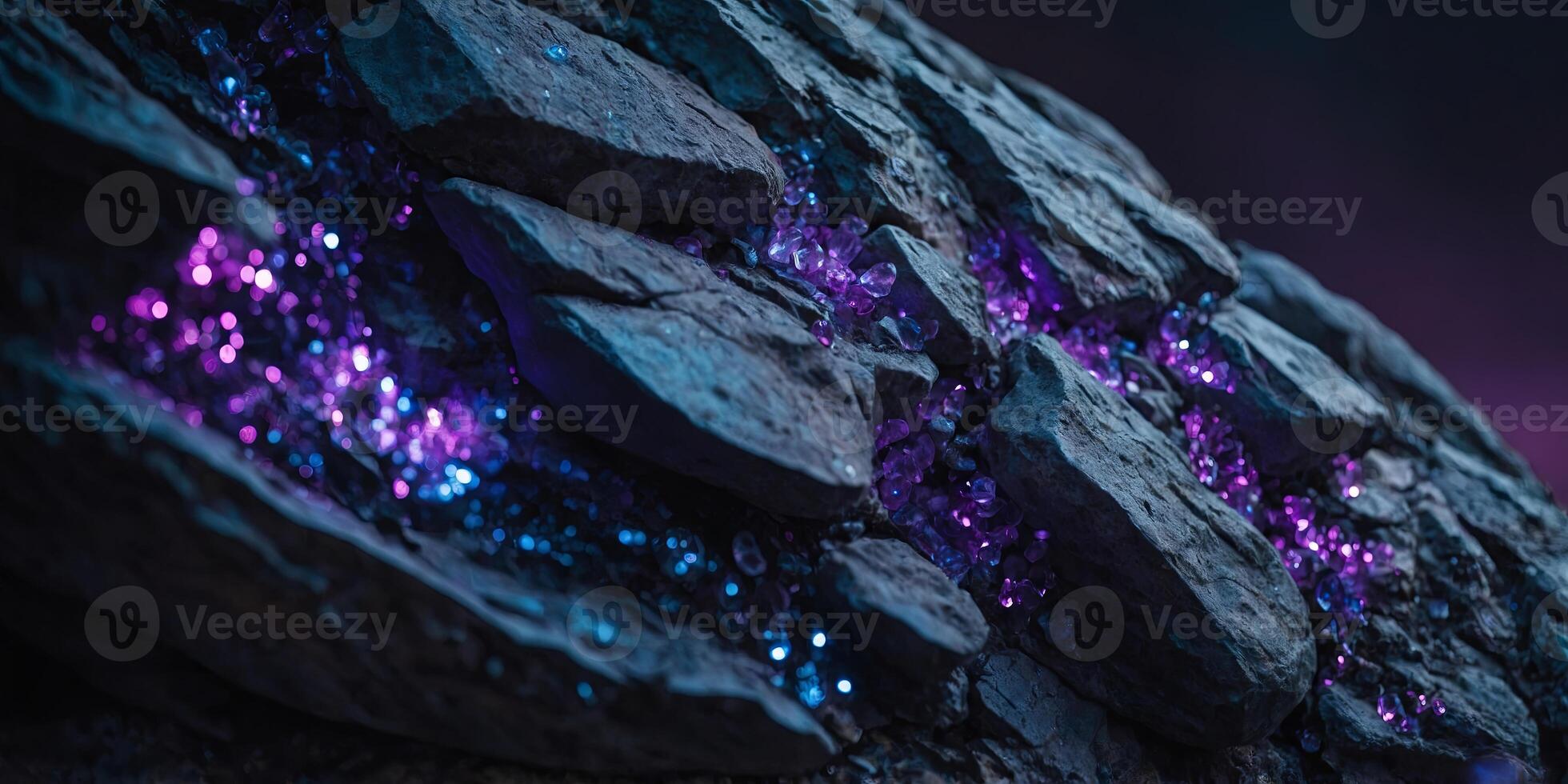 Close-up of a rock covered in purple and blue lights, great for futuristic or sci-fi concepts. photo