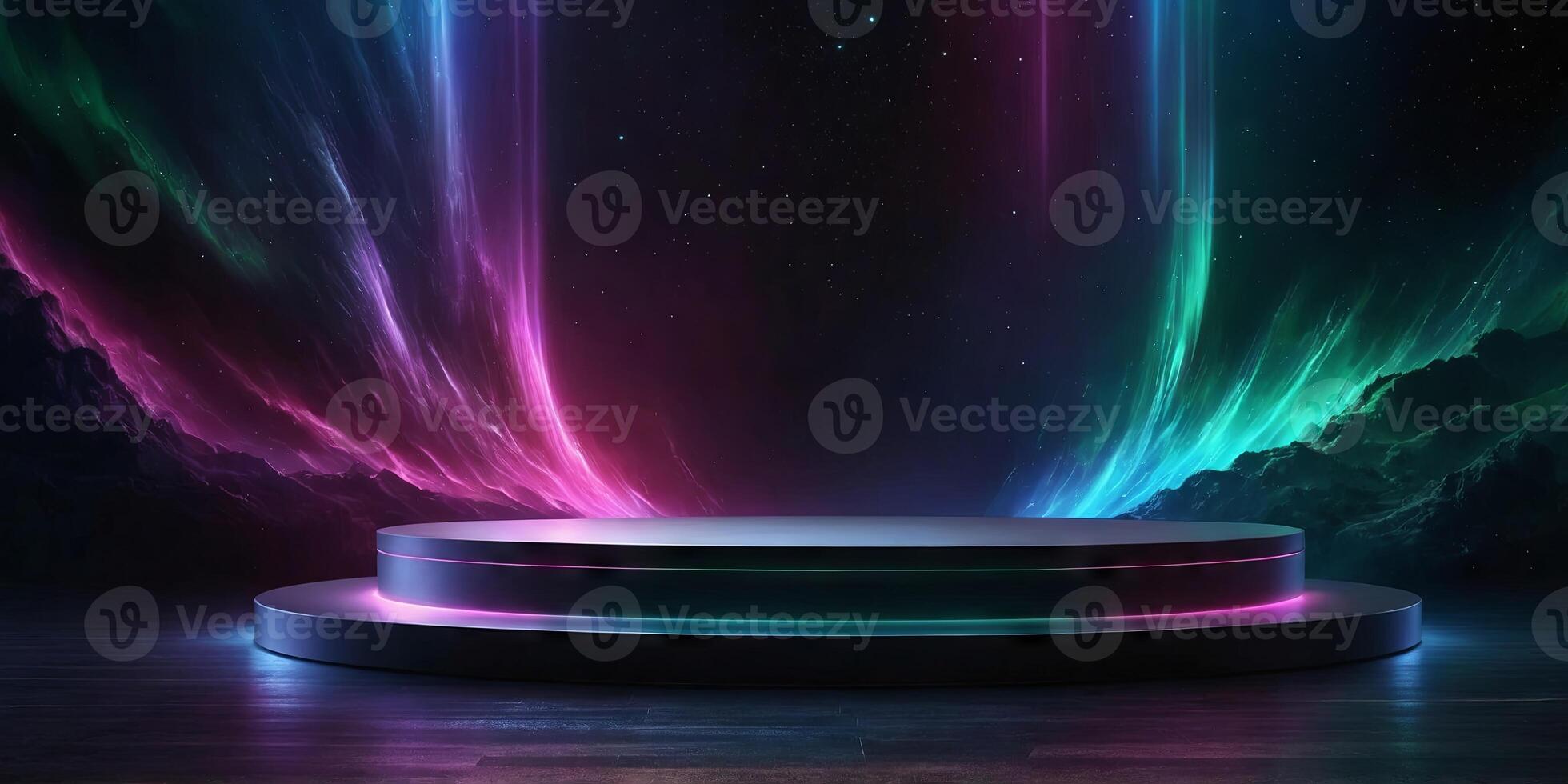 Dazzling aurora background with a sleek dark podium creating a mesmerizing scene for showcasing exclusive and luxury products. . photo