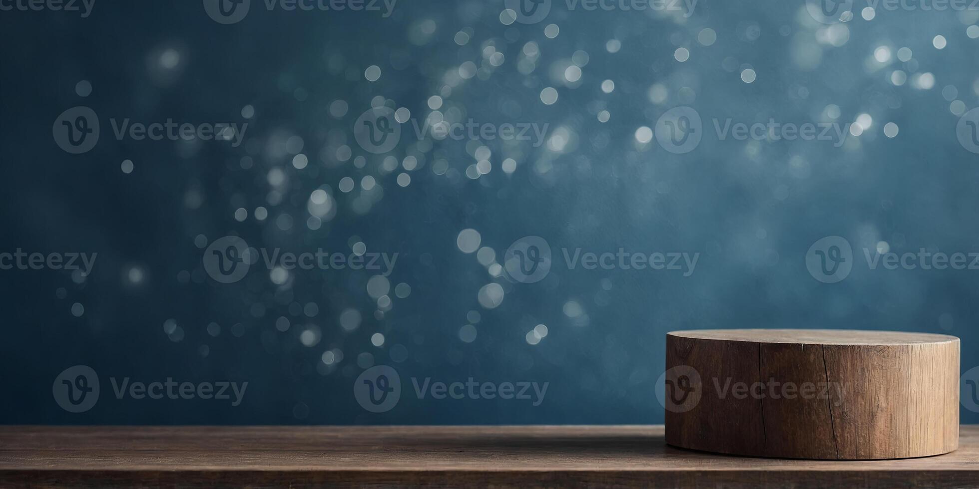 Empty pedestal display on blue background with stand for product show or presentation. photo