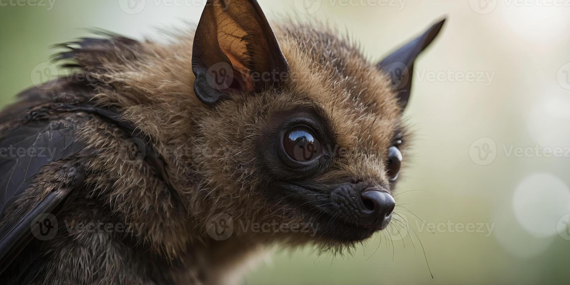 Close-up image of a bat's face with large ears. photo