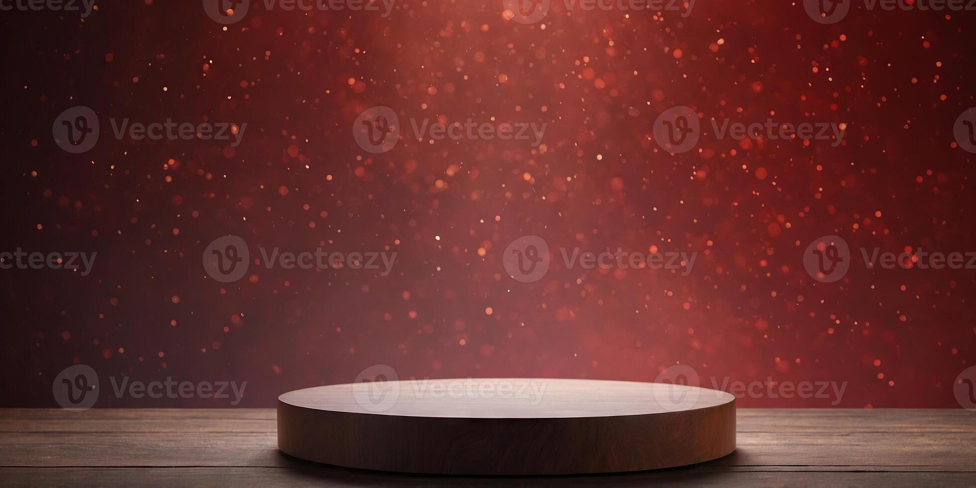 Empty pedestal display on red background with stand for product show or presentation. photo