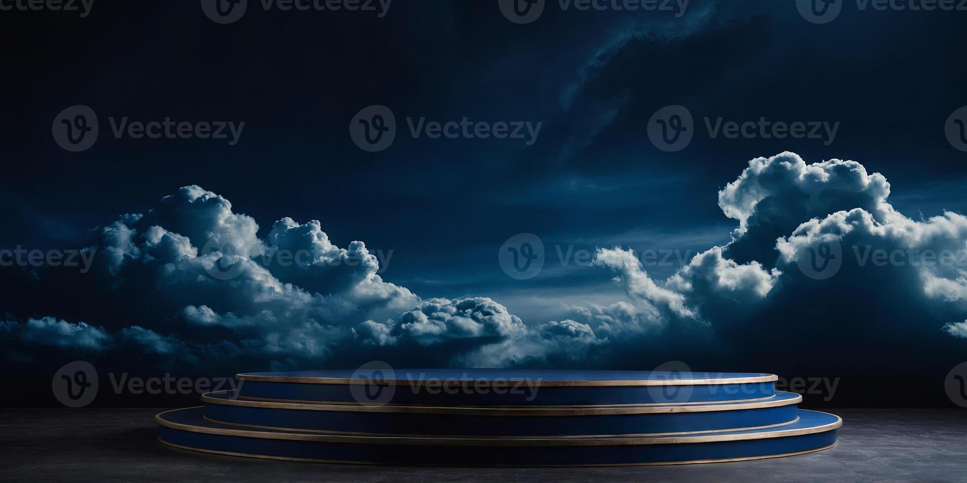 Dark blue background with round podium for product presentation, dark clouds on background. photo