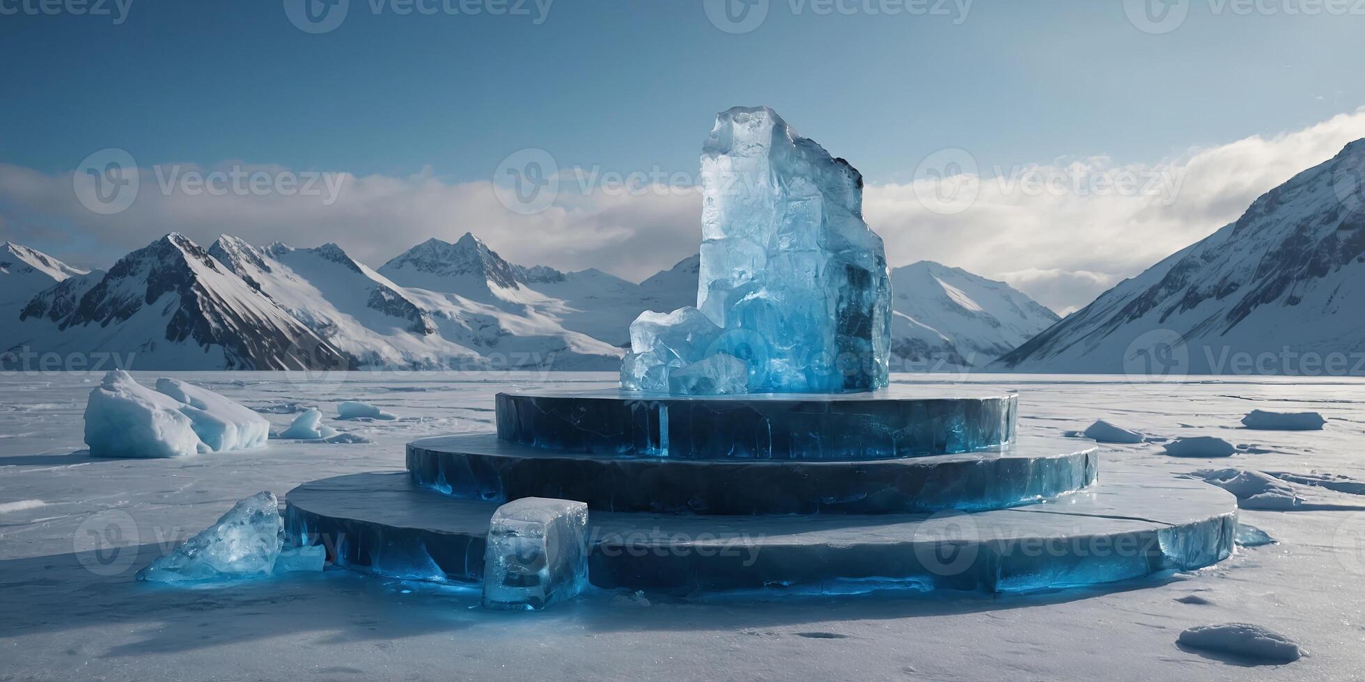 Empty ice podium winter stage, refreshing snow and cold, product demonstration platform, cold iceberg pedestal. . photo
