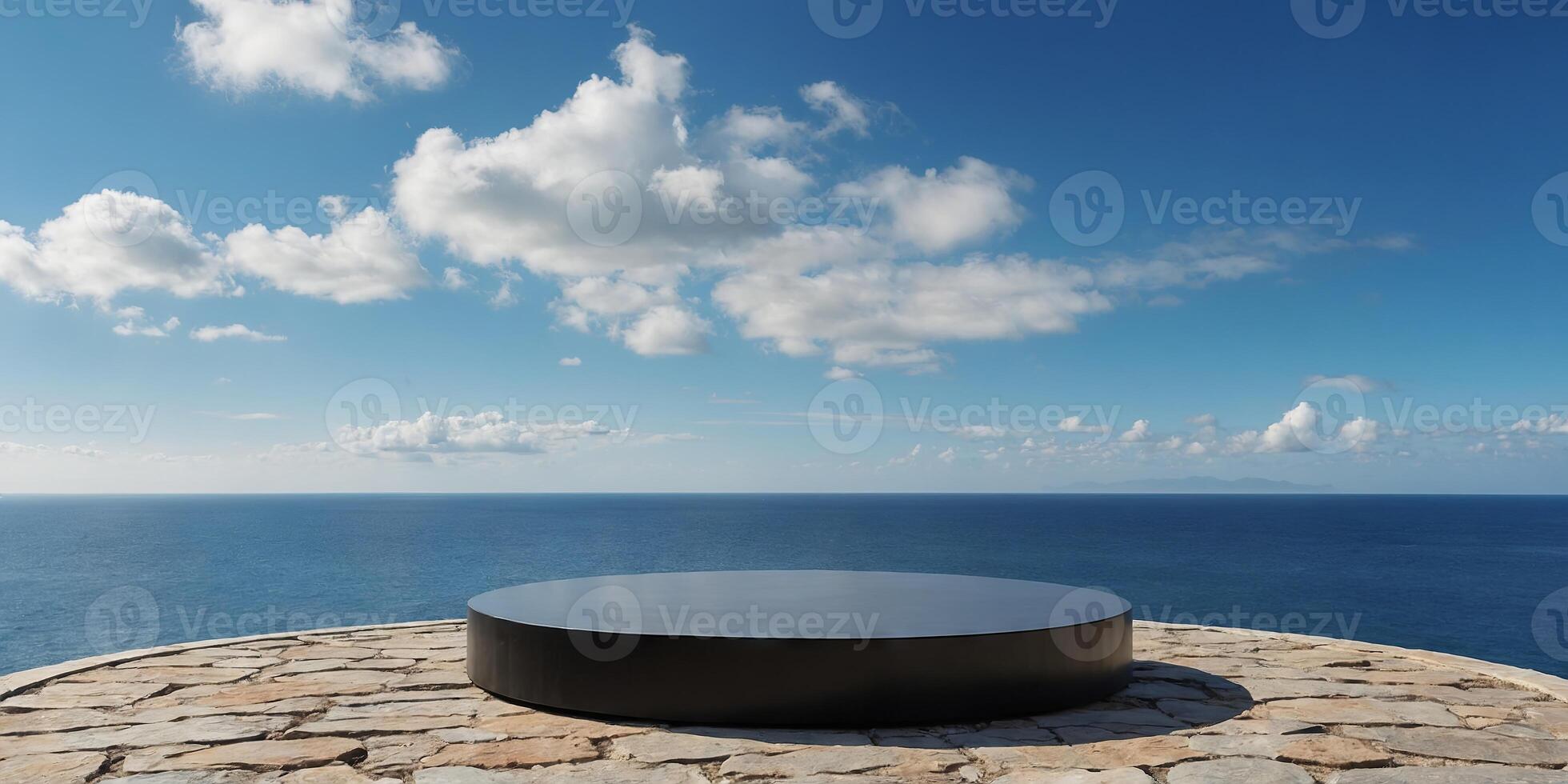 Empty round black podium on stone platform with sea and blue sky background for product display. photo