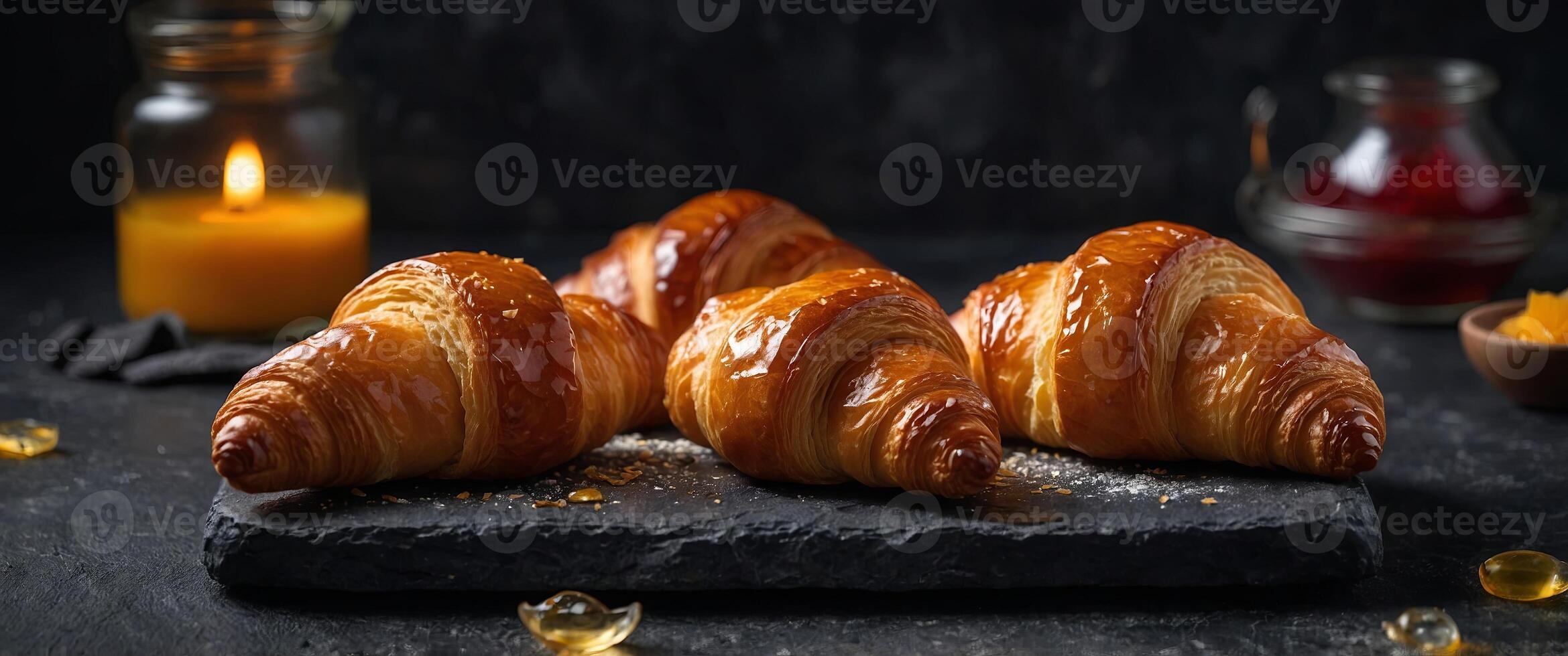 Delicious croissants freshly baked and accompanied by jam are presented on a dark stone background The enticing pastries offer an attractive copy space image. photo
