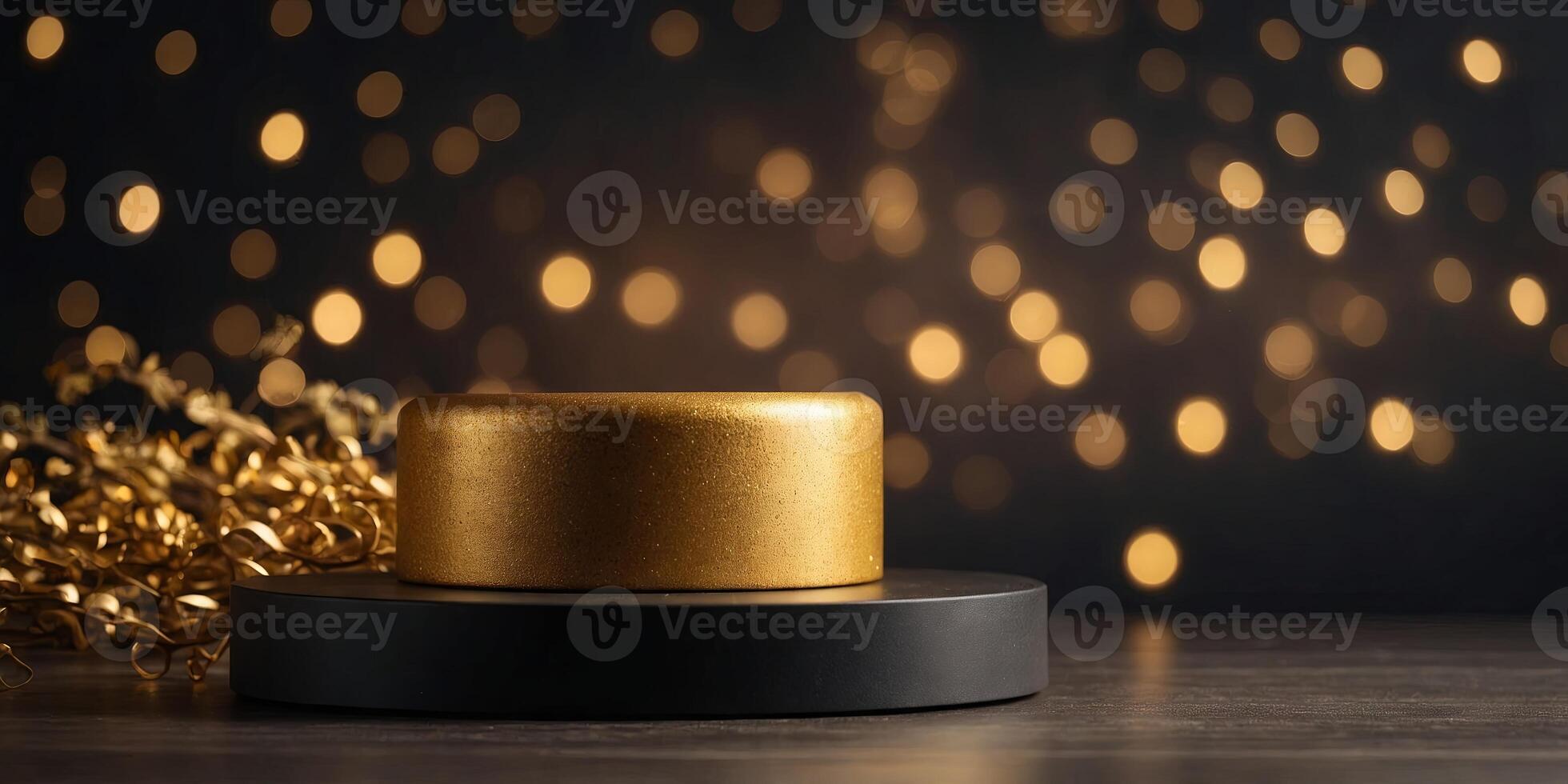 Empty dark pedestal with golden shiny lights, festive background Modern product display Minimal mockup vertical template. photo