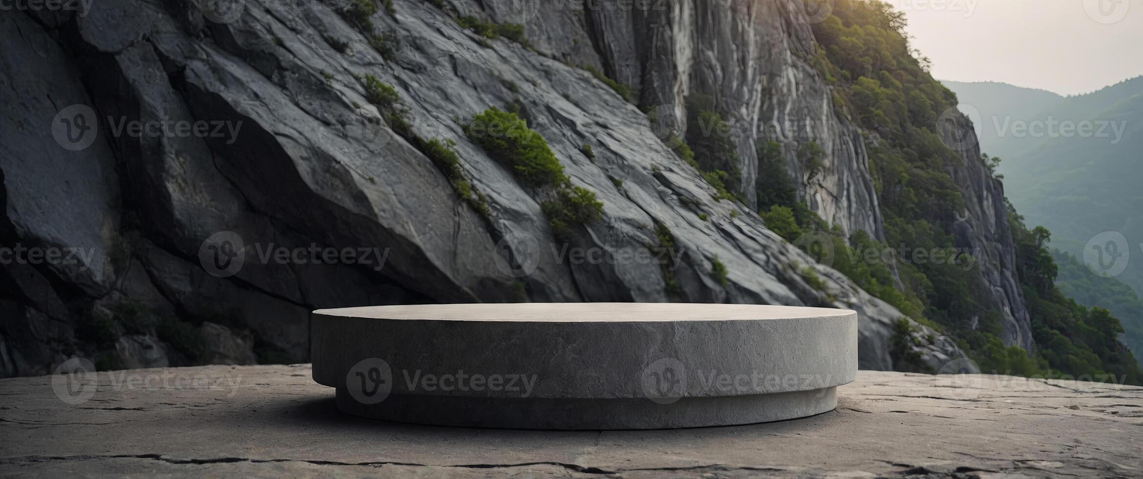 Empty cylinder pedestal podium on grey stone cave background Minimal scene for product display presentation. photo