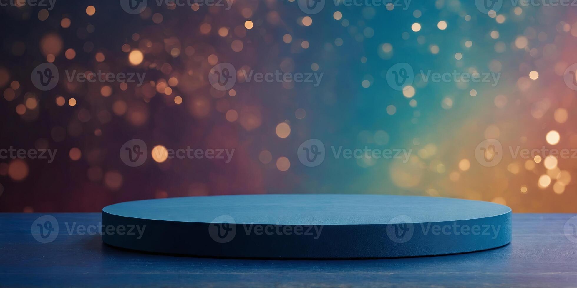 Empty blue round podium presenting new product on colorful background. photo