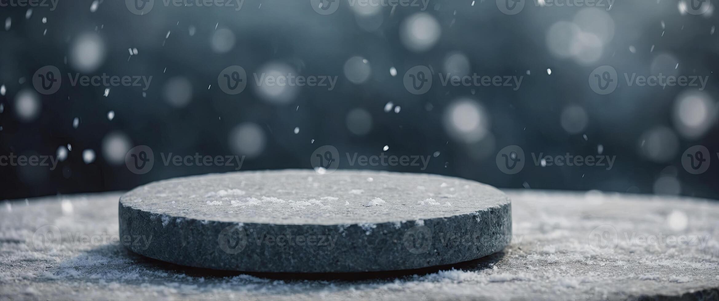 Empty stone pedestal with snowflakes, winter background Modern product display Minimal mockup template. photo