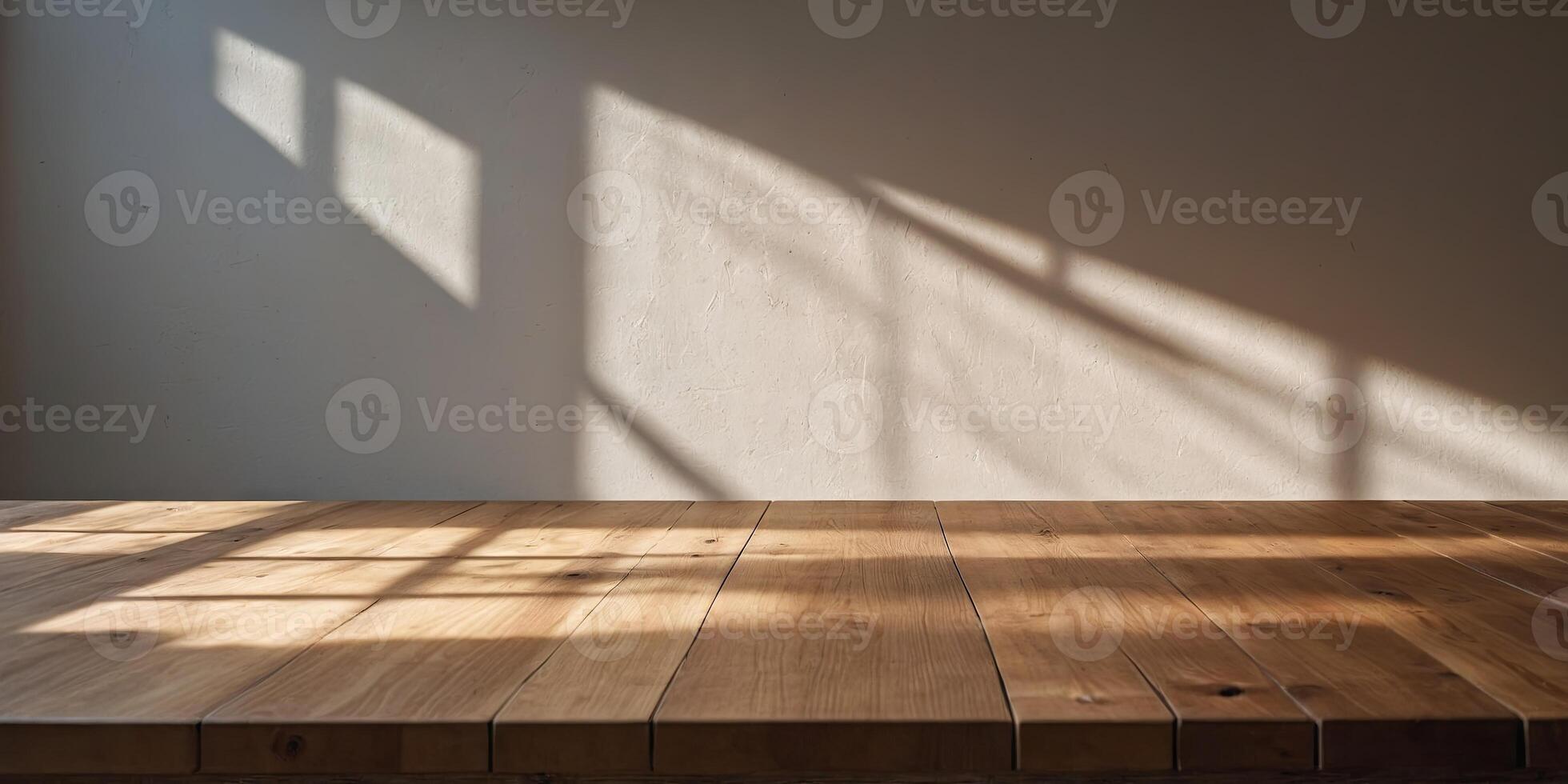 Empty Light Wood Table with Soft Shadow and Sun Rays on White Wall Background. photo