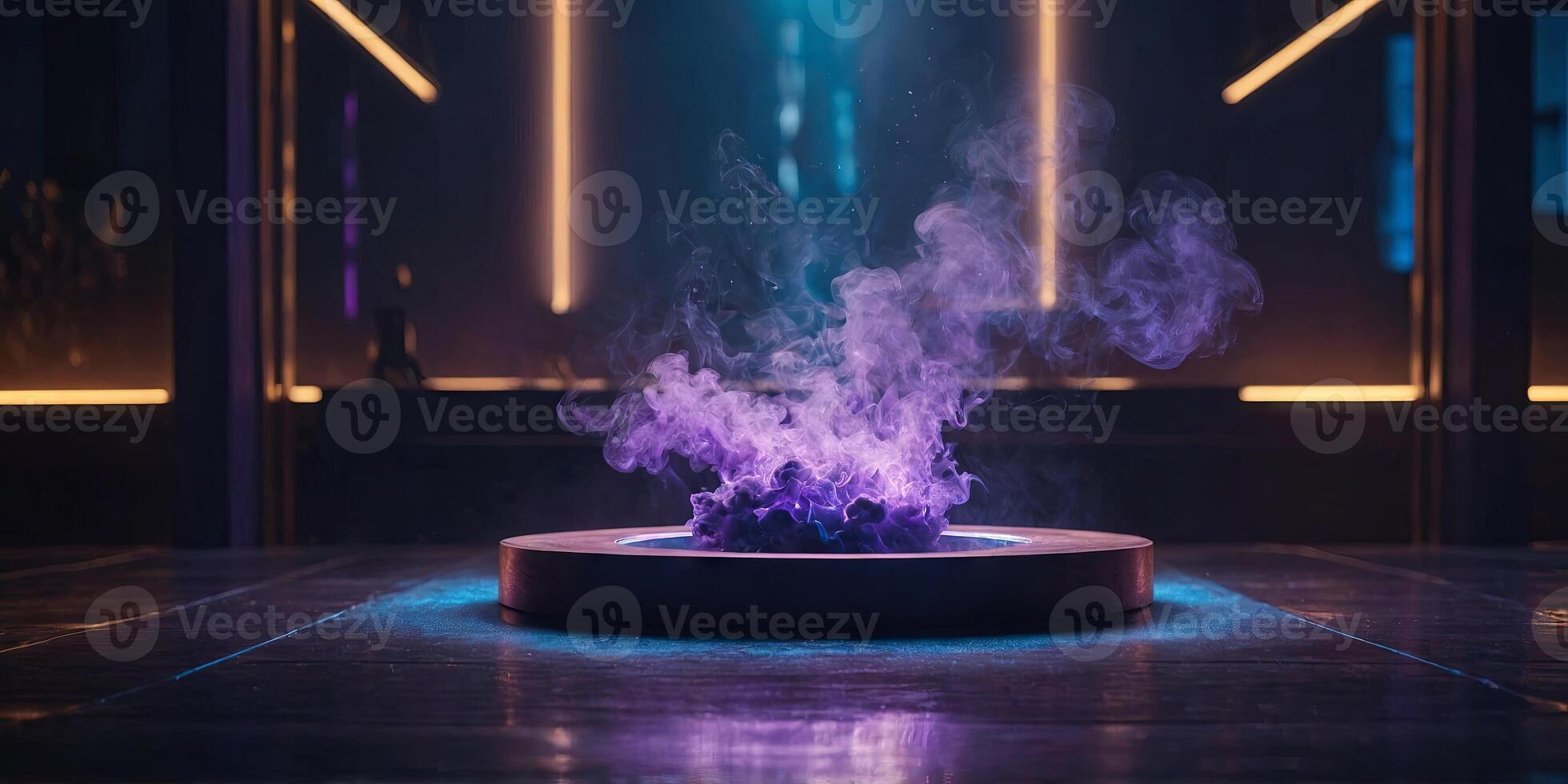 Empty podium for products display with smoke and blue purple neon light. photo