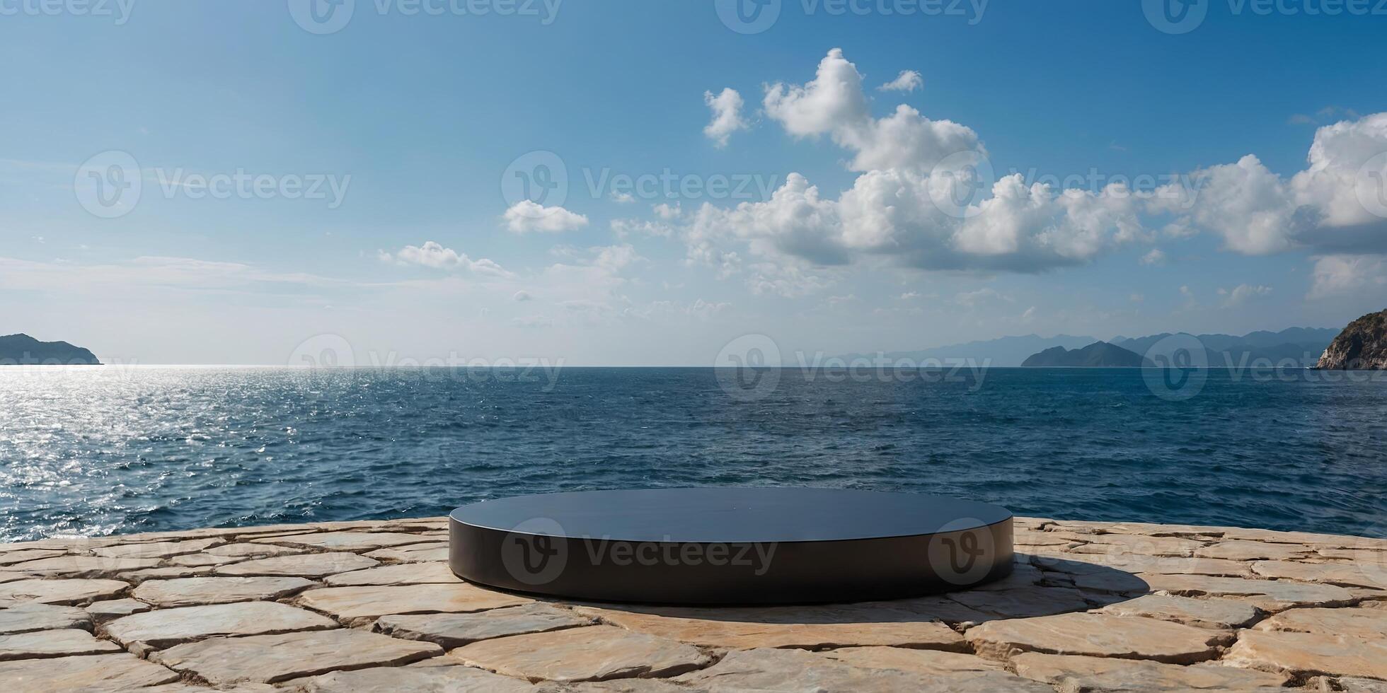 Empty round black podium on stone platform with sea and blue sky background for product display. photo