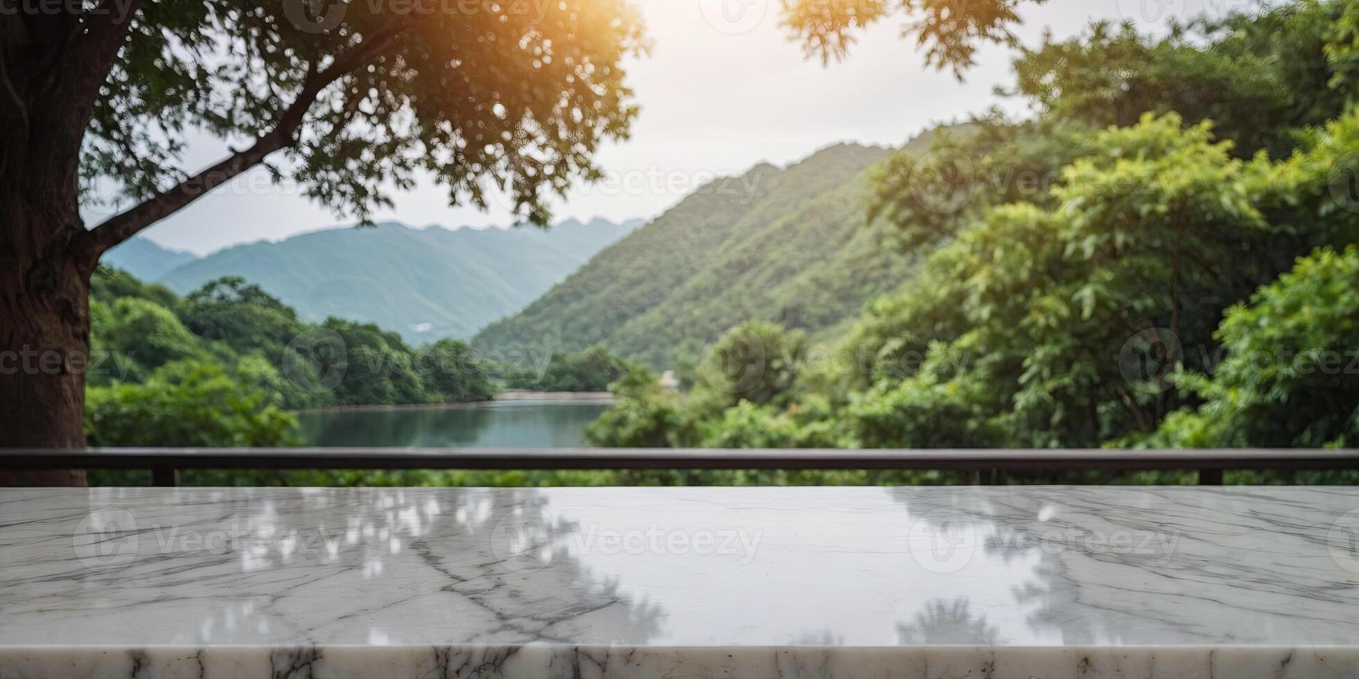 Empty white marble table with nature background for product display. photo