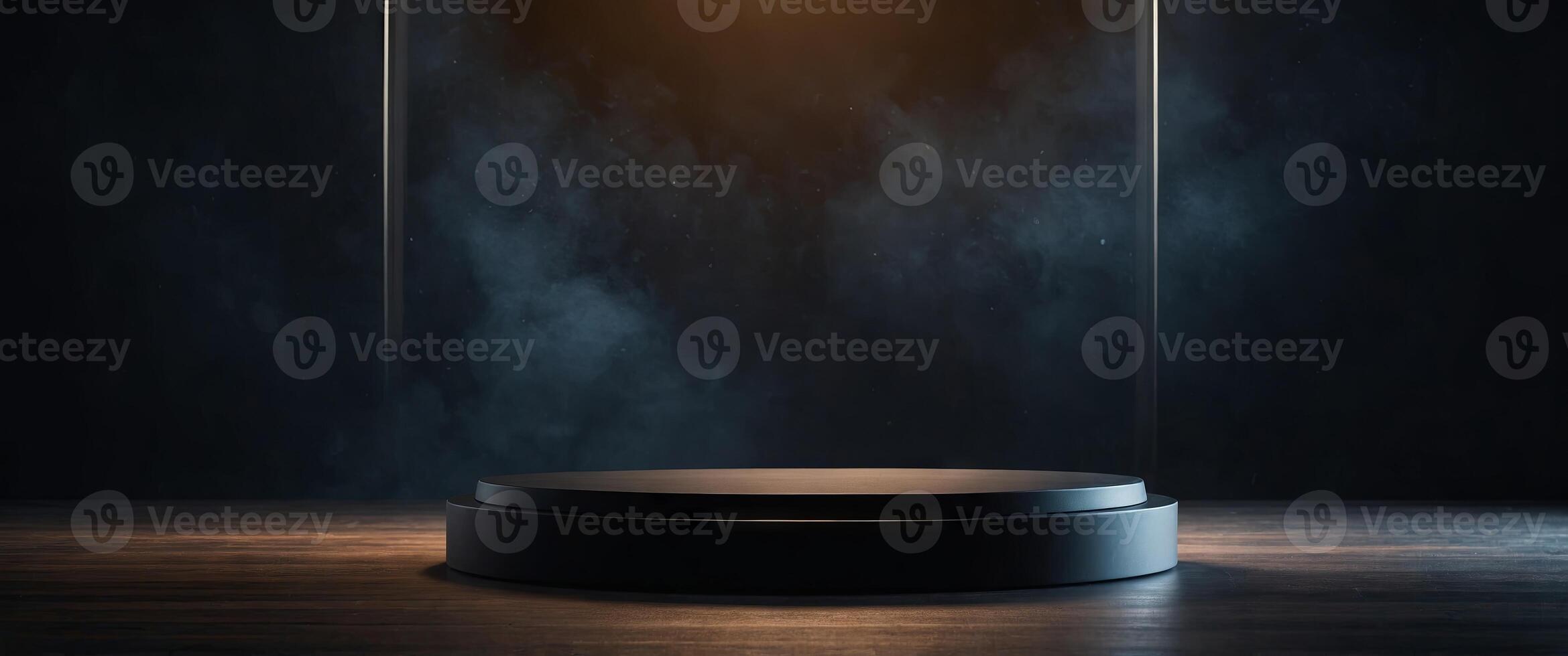 Empty round black product presentation podium in dark room. photo