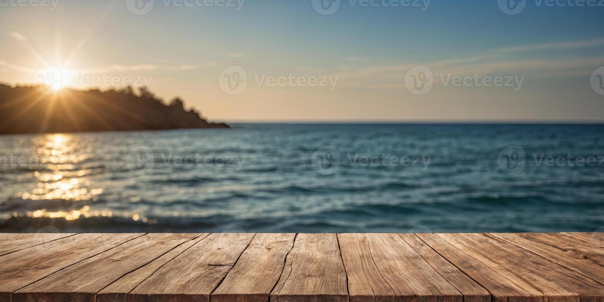 Empty wooden table, blurred summer sea background with copy space for your product. photo