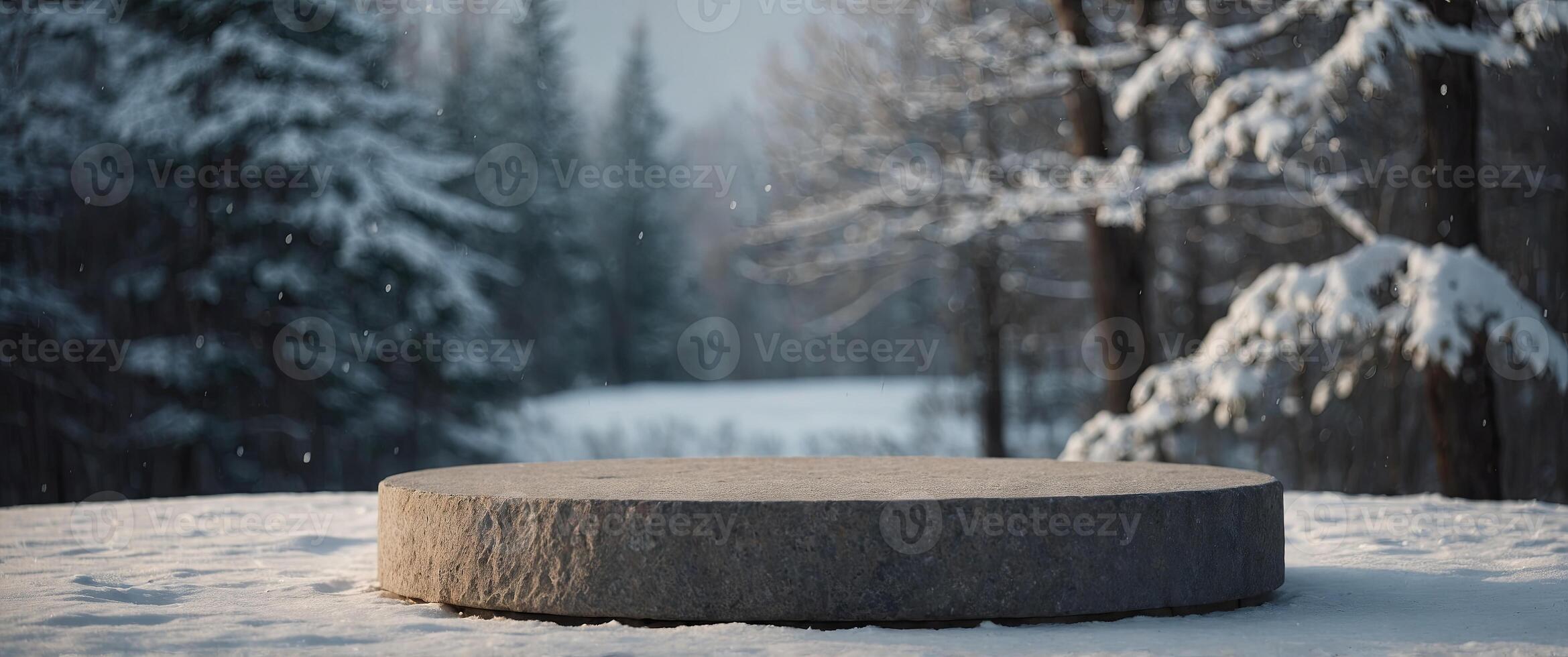 Empty round stone podium in winter background with copy space for product display. photo