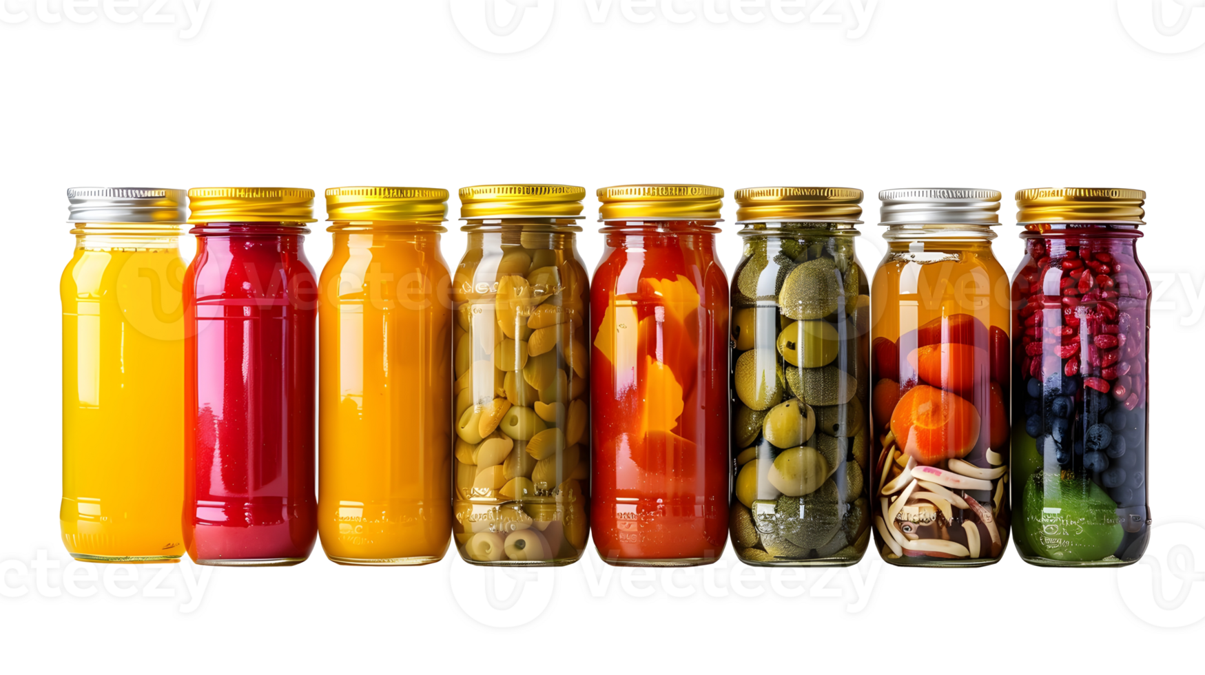 Al generated colorful pickled vegetables in jars isolated on transparent background png