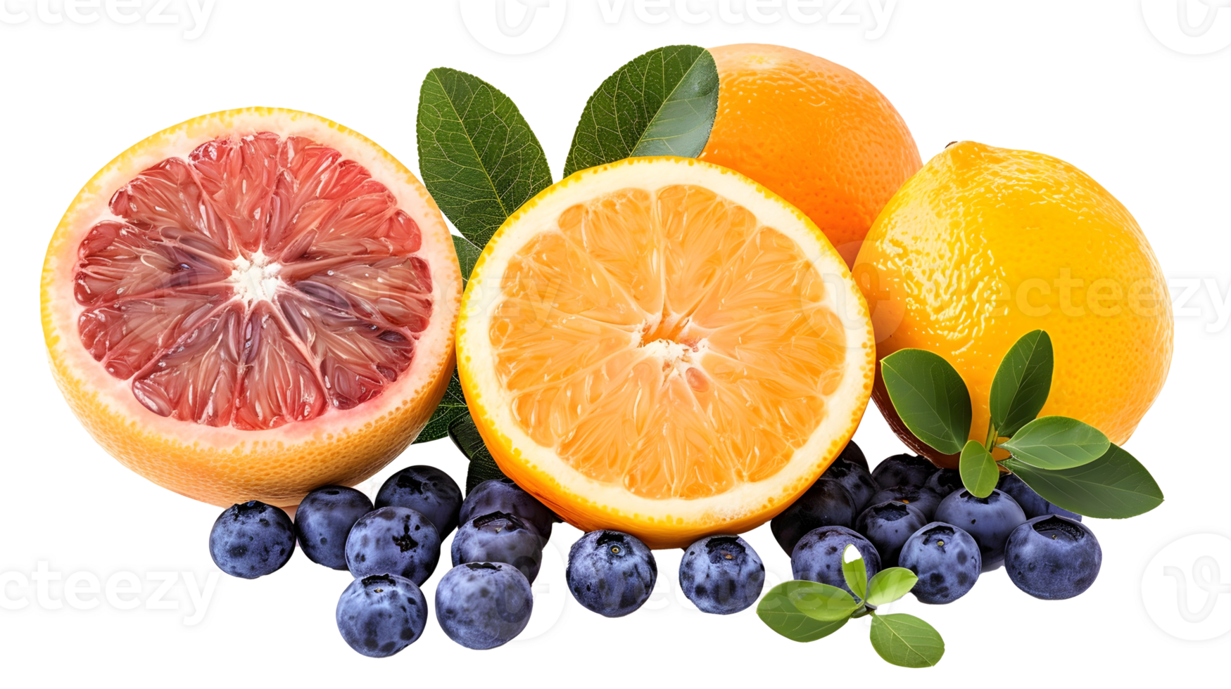 Al generated sliced citrus fruits with blueberries isolated on transparent background png