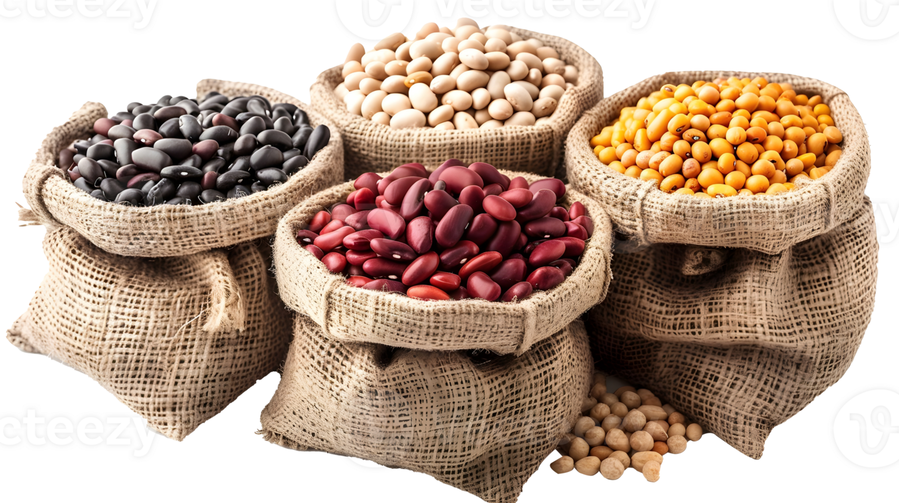 Al generated mixed beans and lentils in burlap sacks isolated on transparent background png
