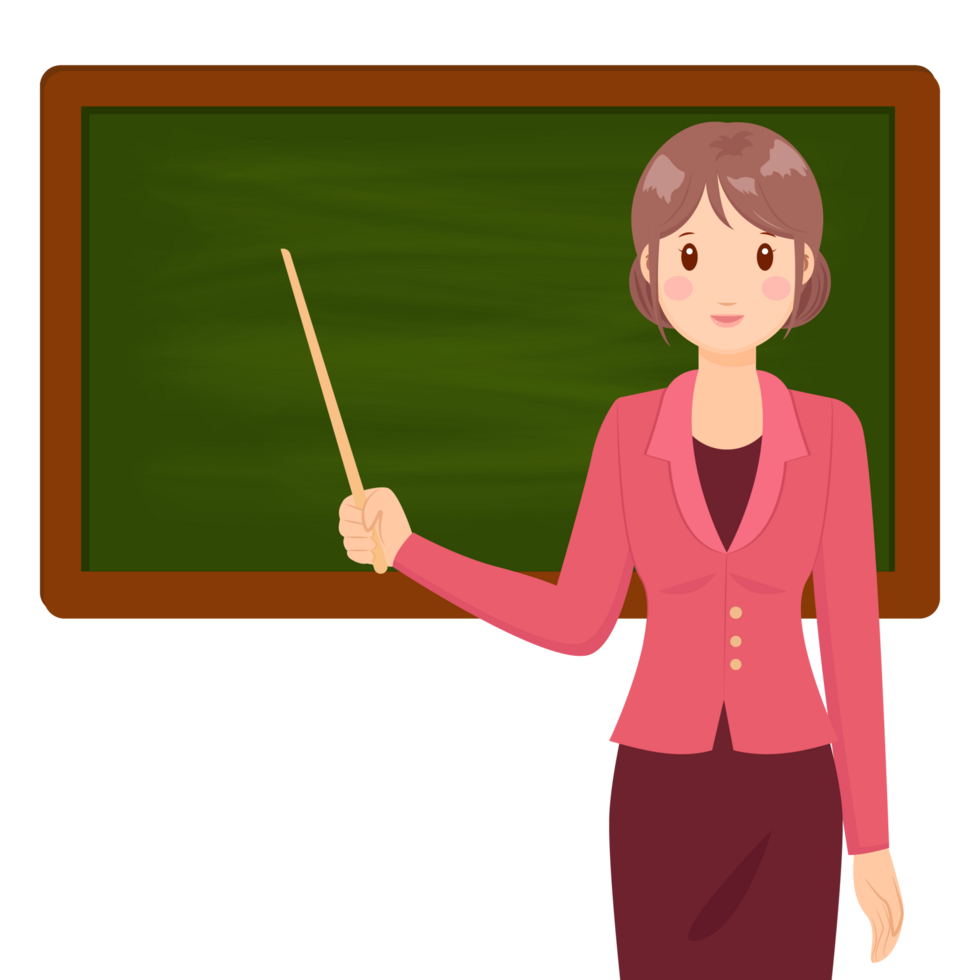 teacher holding a pointer in front of a blackboard png