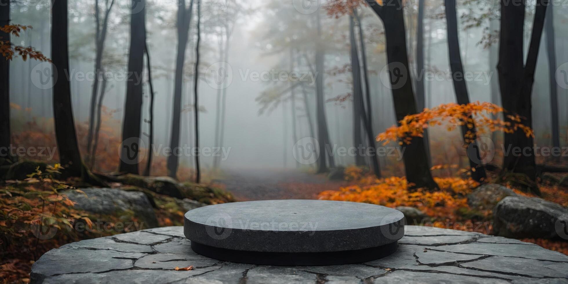 Empty round black podium on a stone platform with a blurred background of autumn forest and fog in cloudy weather For product display. photo