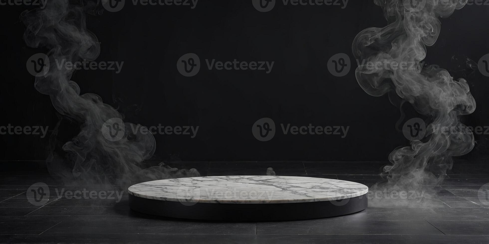 Empty round marble podium with smoke on black platform with black background for product display. photo