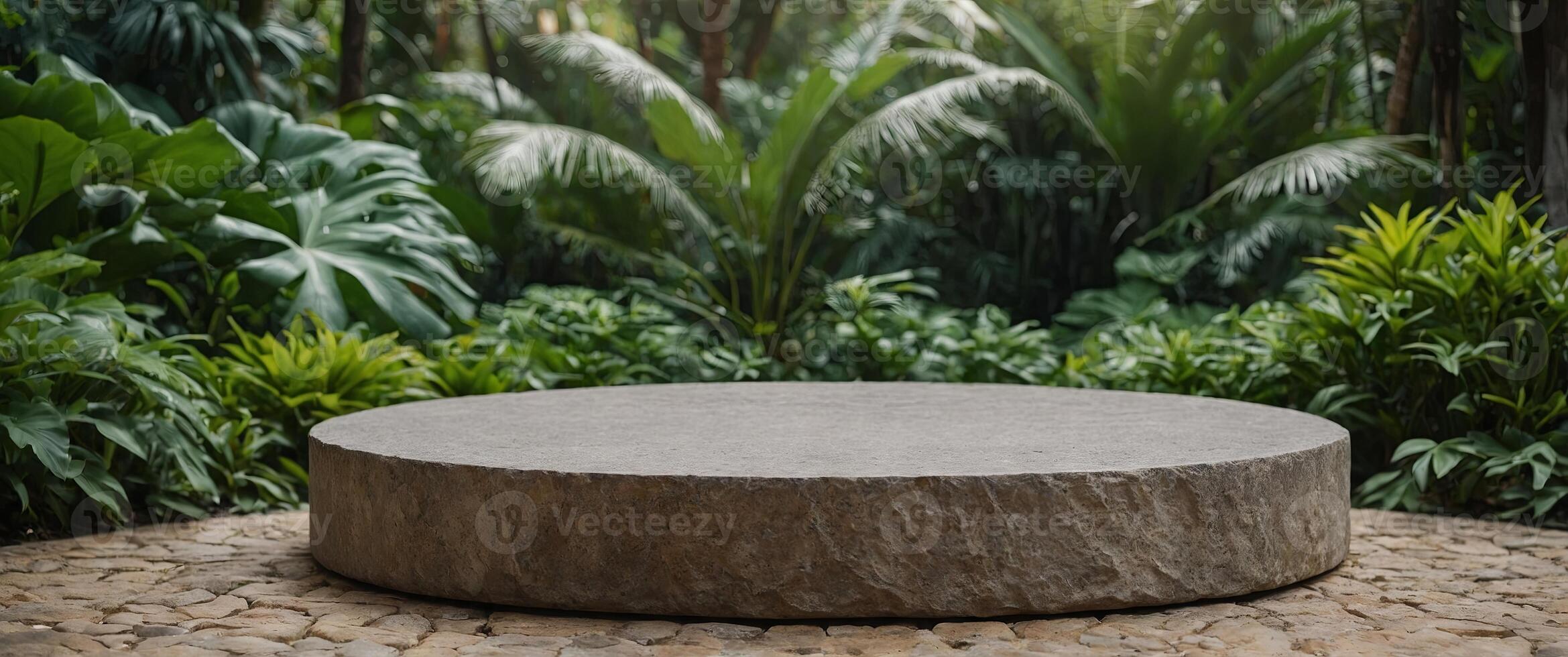 Empty stone round podium in green tropical garden with copy space for product display. photo