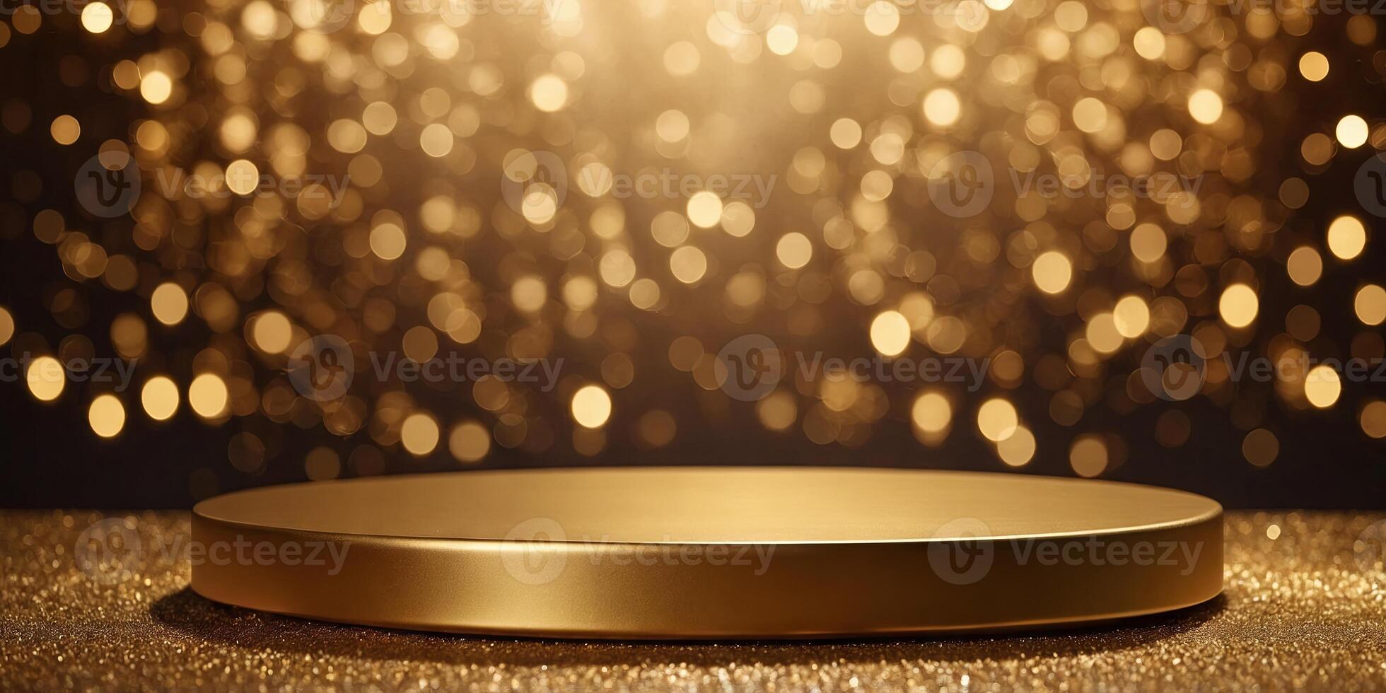 Gold podium on golden background with bokeh lights Abstract luxury scene for product presentation, mockup. photo