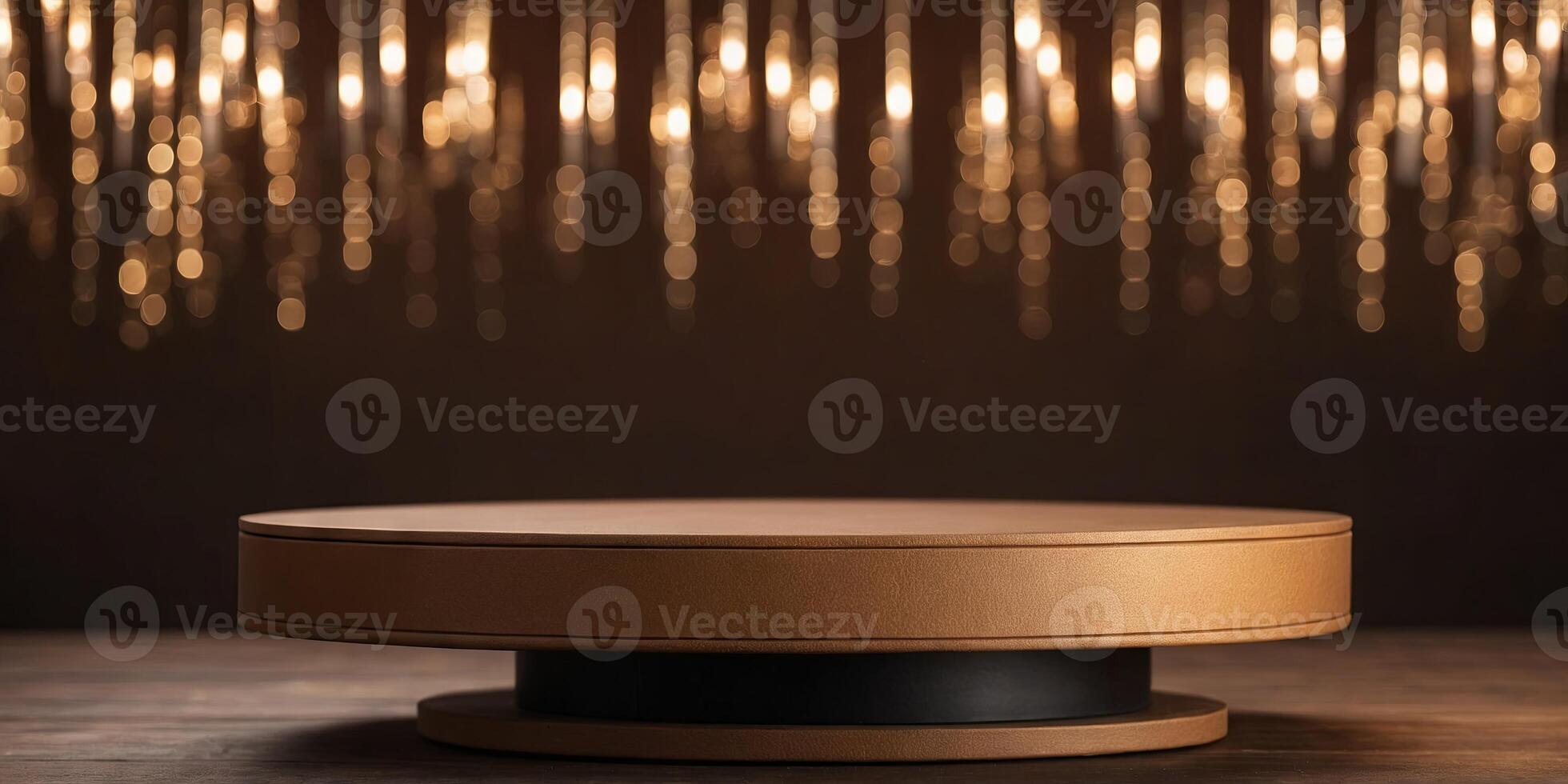 Empty round cylinder platform podium for product or cosmetics presentation on brown color background with bokeh. photo