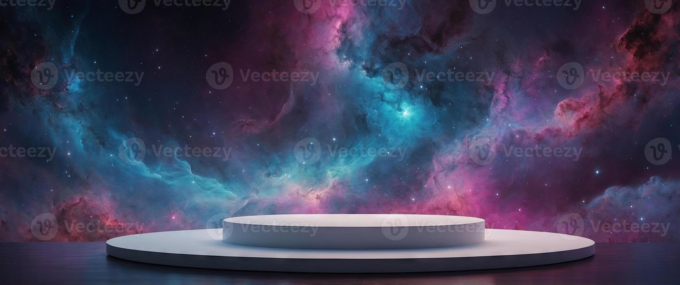 Floating Podium in a Nebula, a small sleek white podium floating serenely in the midst of a colorful nebula nebula swirls with vibrant hues of purple, blue, and pink,. photo