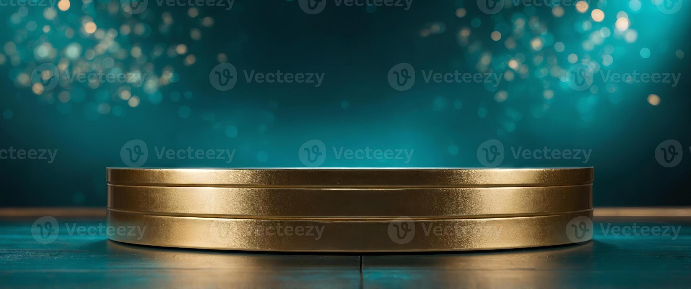 Gold metallic podium with spotlights on turquoise background, showcasing a luxury, elegant, and modern display for products or presentations. photo