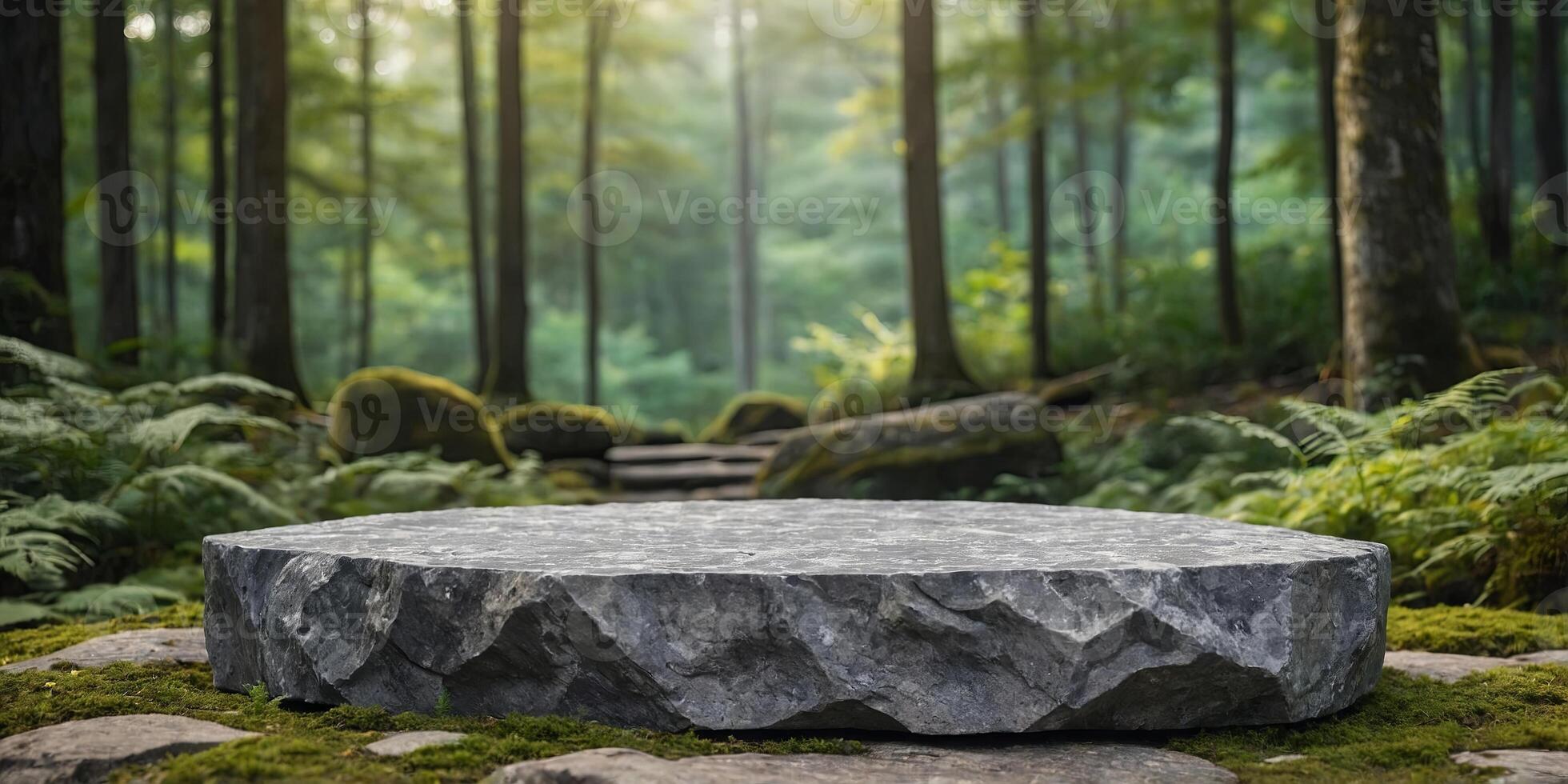 Flat stone podium on rock platform illustration, gray rock pedestal for product display, green forest. photo