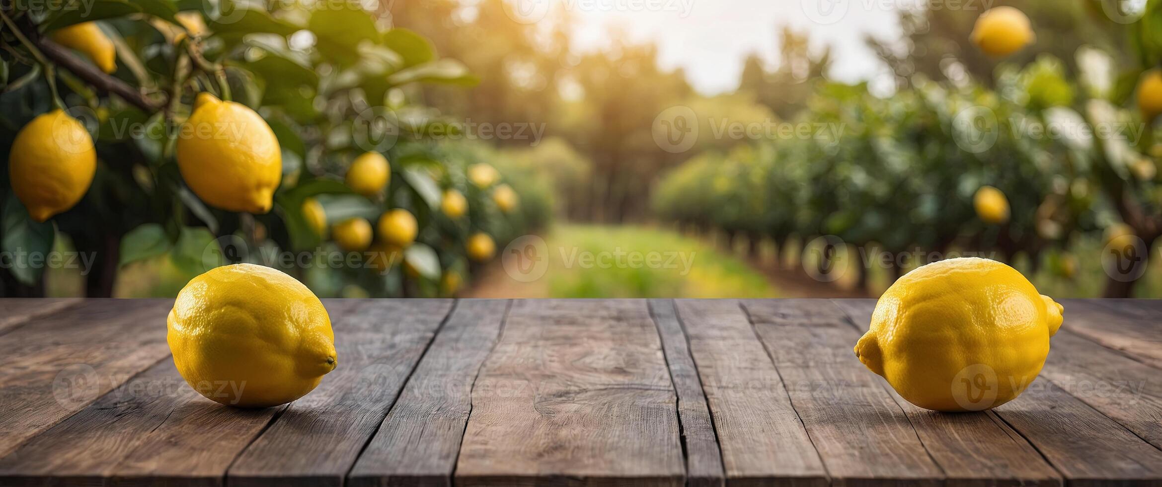 Empty wooden table top with blurred lemon farm background. photo