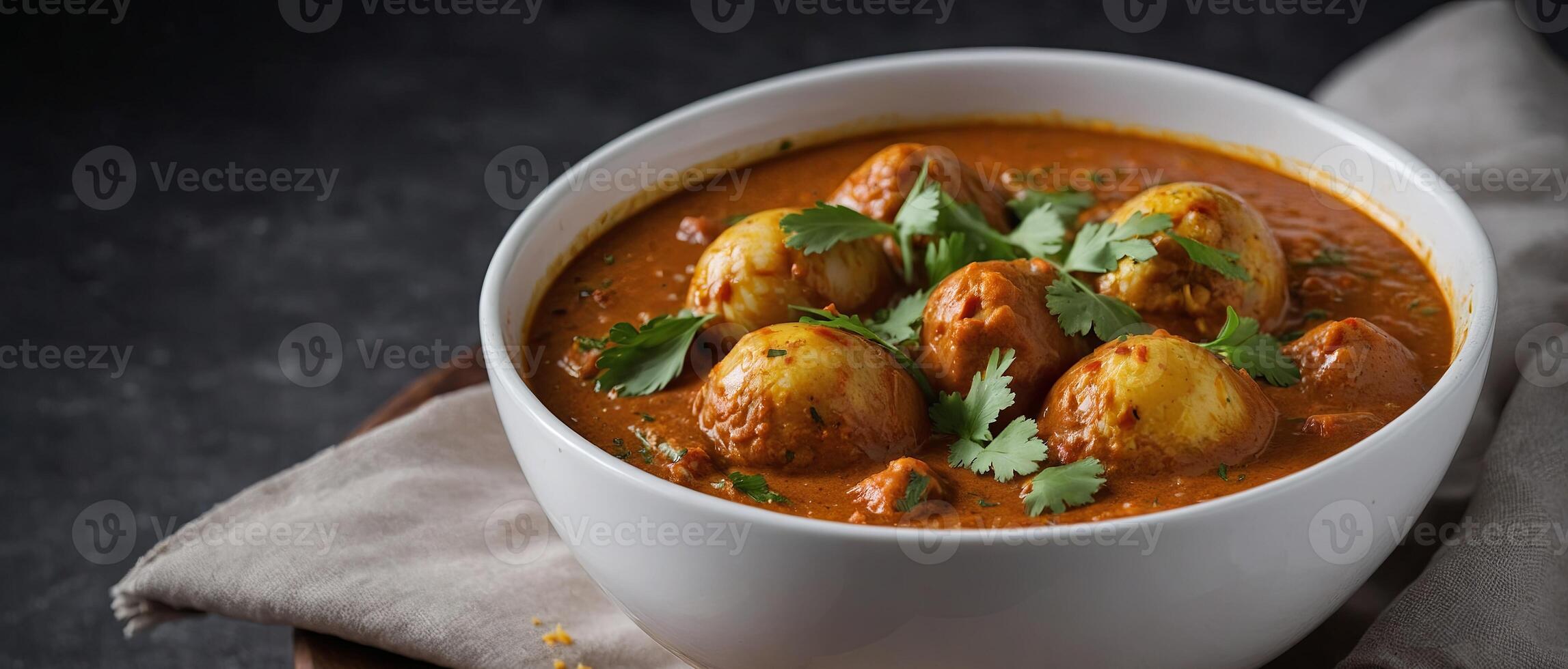 Indian-style Egg Curry presented in a white bowl on a grey background. photo