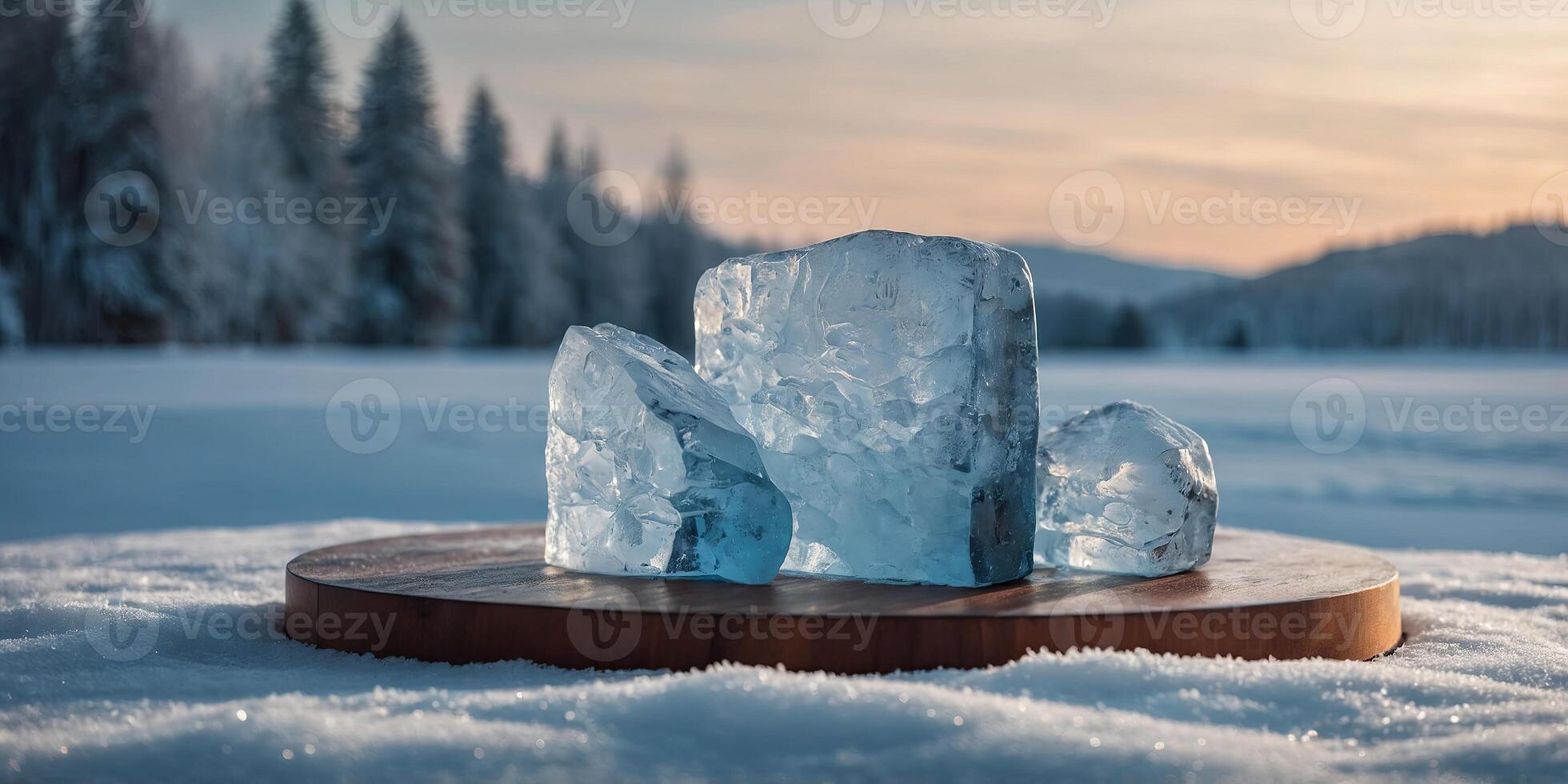 Ice podium with snowy background for mockup display or presentation of products Advertising theme concept. photo