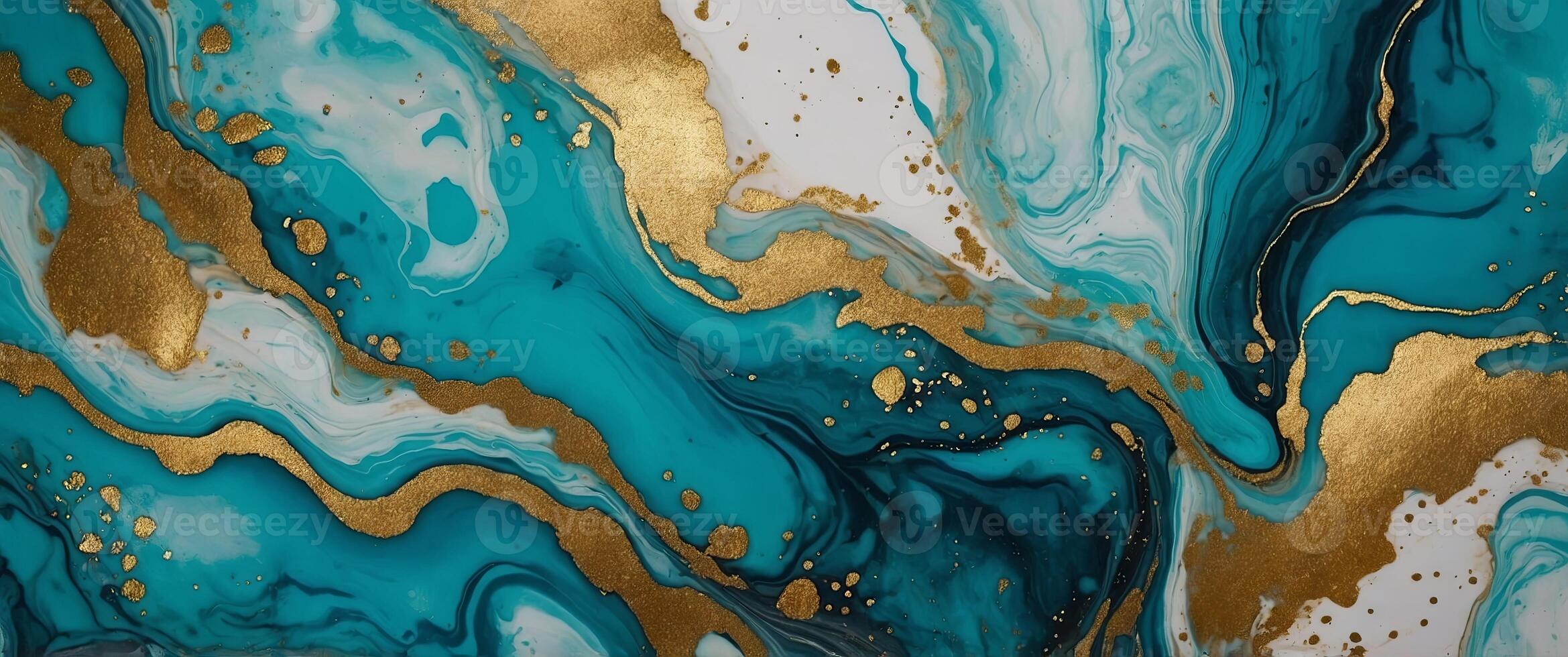 Ink and watercolor marbling turquoise and gold background. photo