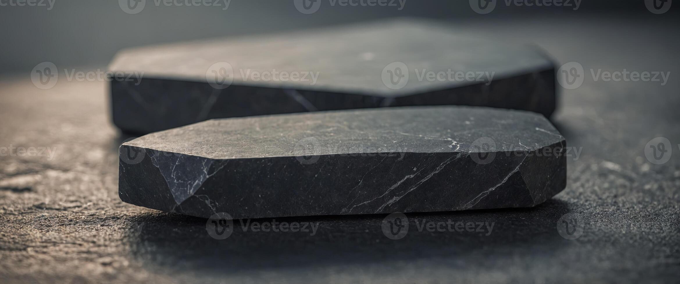 Flat parallelogram stone in the center for product display, clean background, reflective effect, wild composition. photo