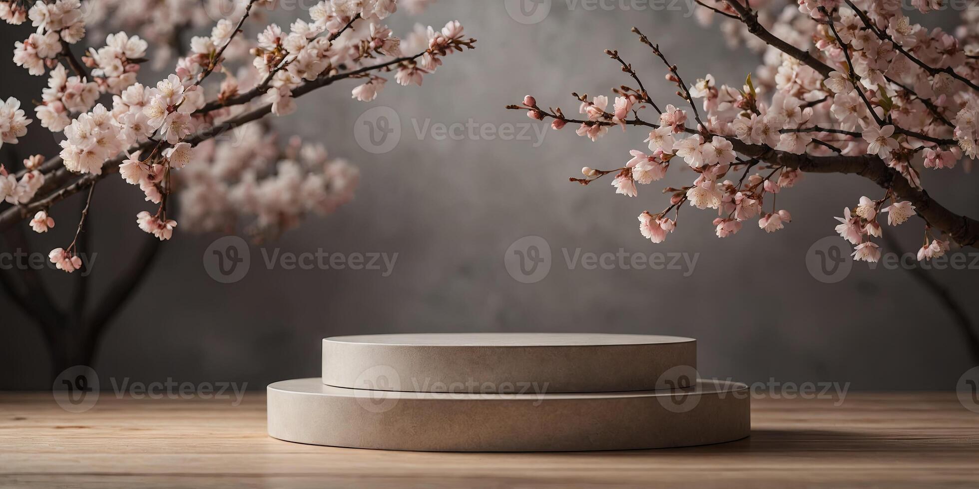 Luxurious product display podium with cherry blossoms background. photo